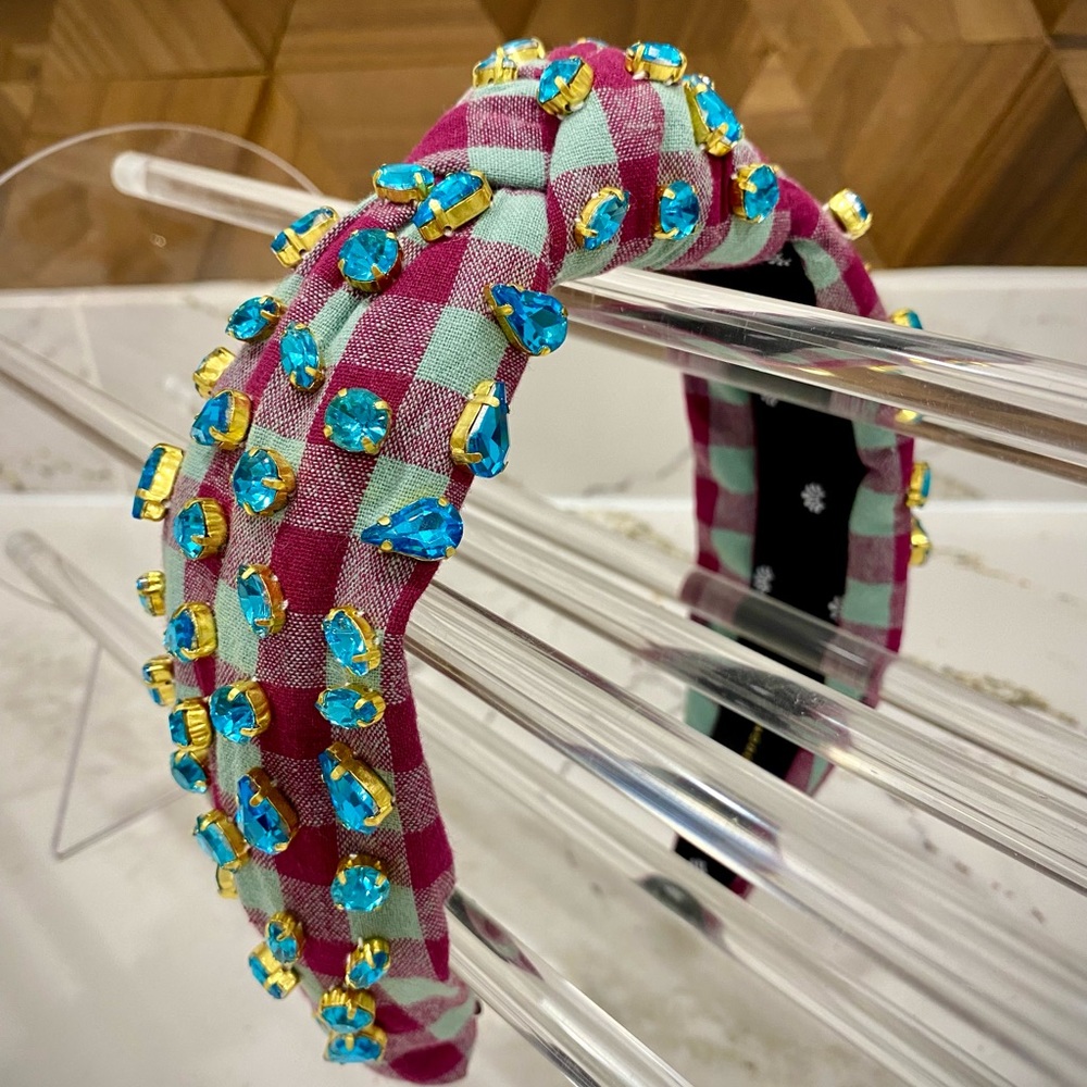 LELE SADOUGHI - Burgundy Gingham Candy Jeweled Knotted Headband